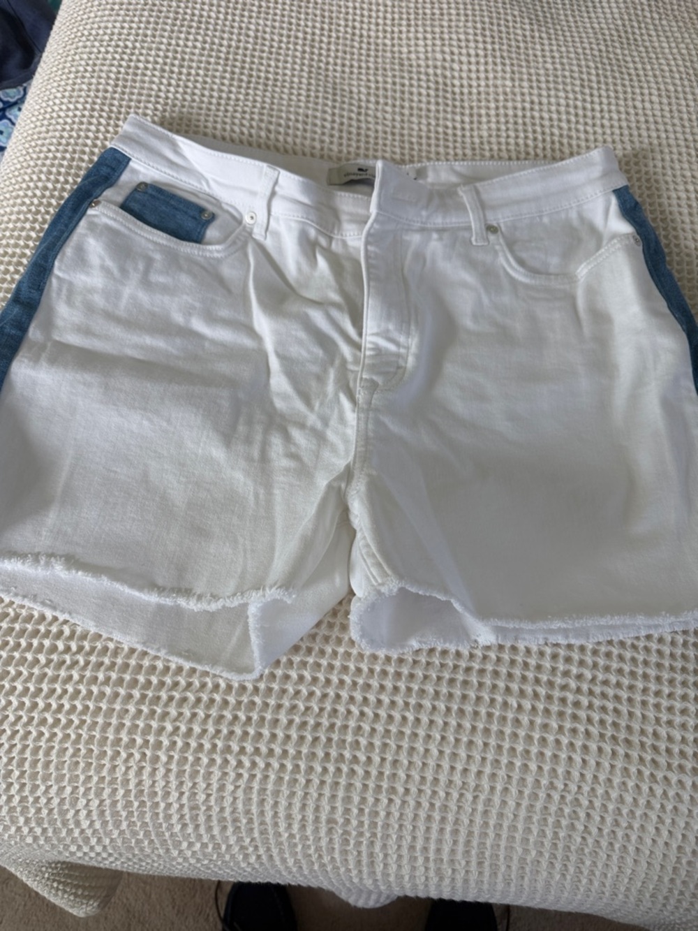 Vineyard Vines White Denim Shorts with Blue Side Panels and Frayed Hem